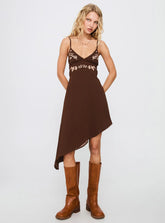 Secret Gardens Asymmetrical Midi Dress Brown